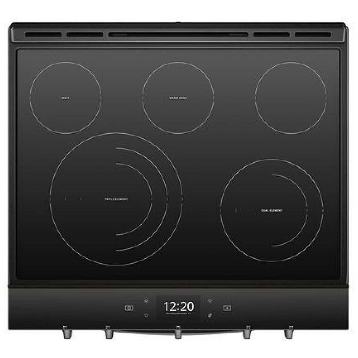 Top view of cooktop layout showing element placements and touchscreen clock