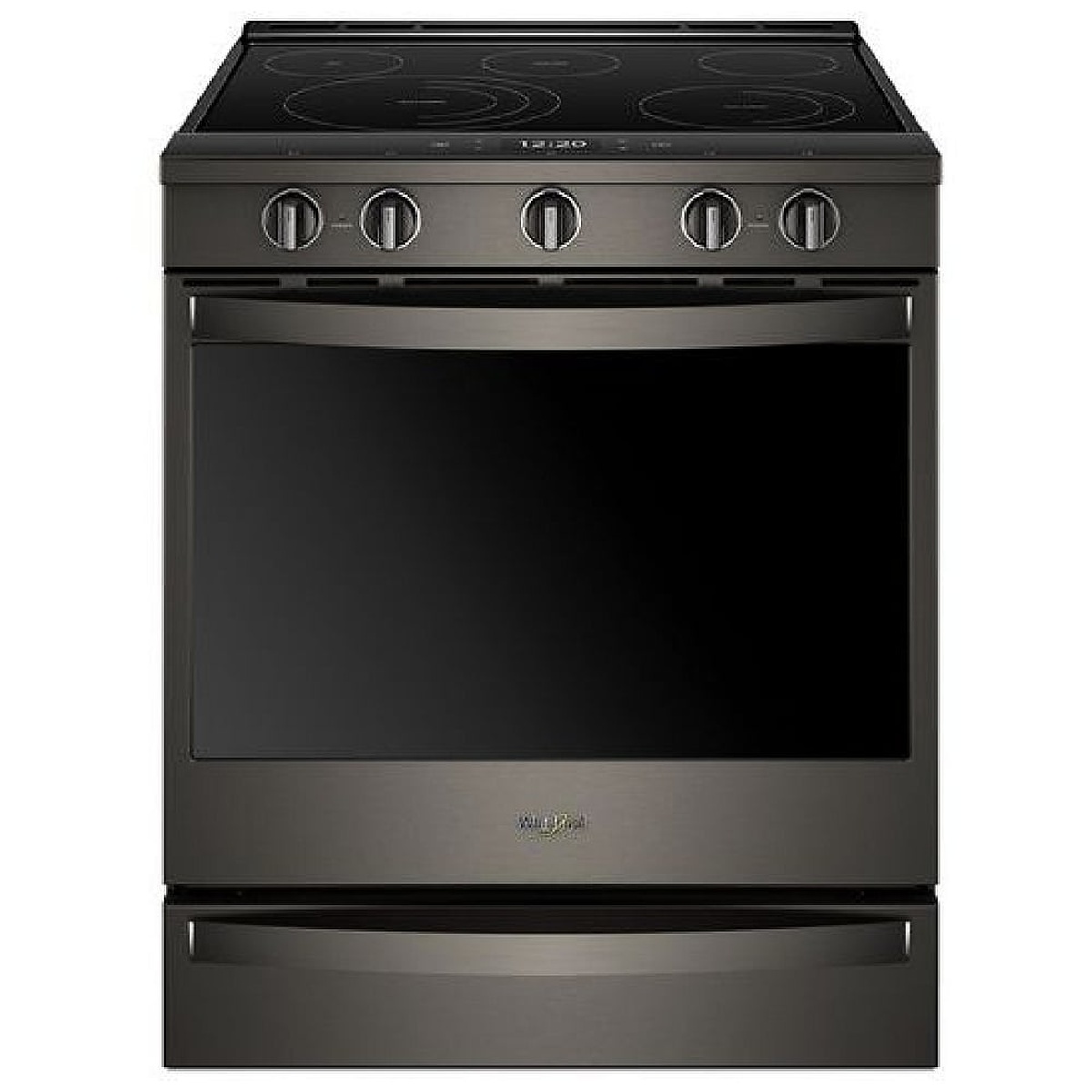 Front view of Whirlpool slide-in electric range in black stainless with large oven window and front controls