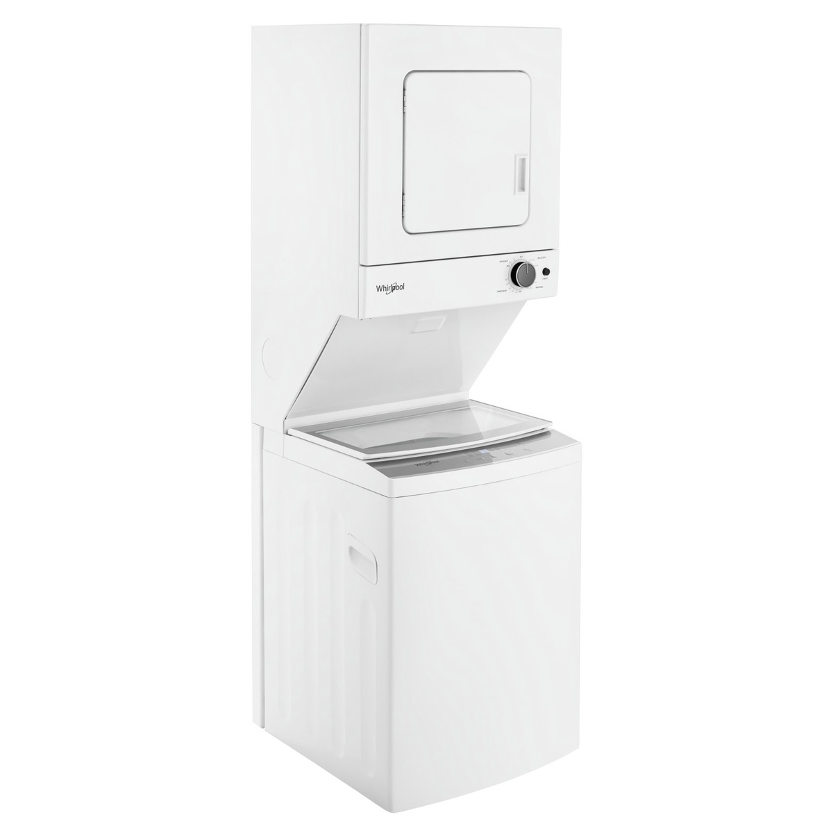 Compact Whirlpool stacked laundry centre with top-load washer and front-load dryer.
