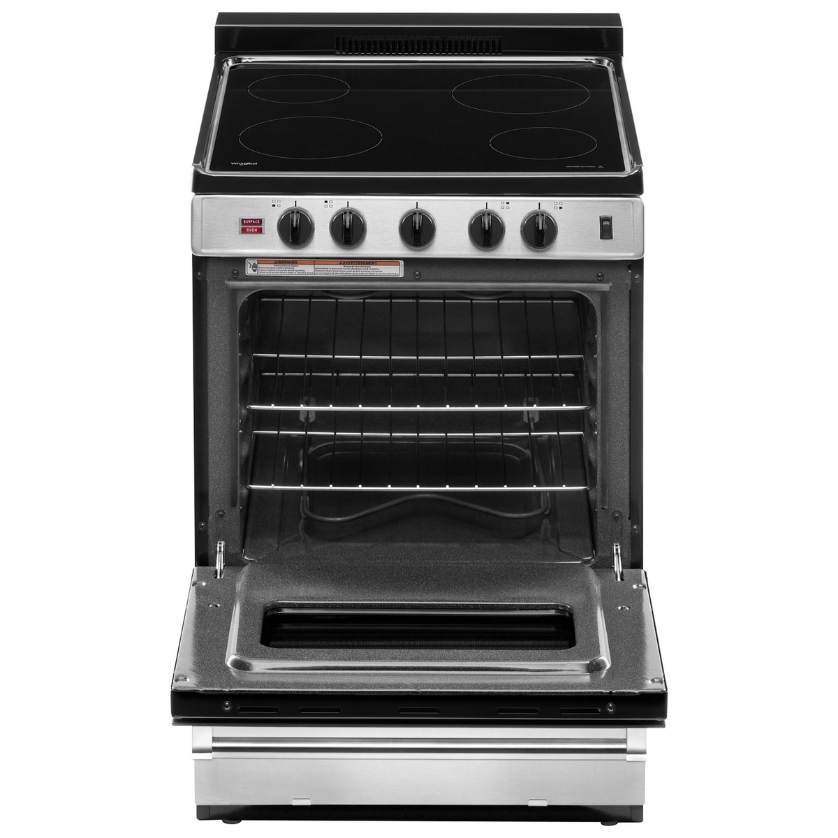 Open oven showing two racks inside the Whirlpool compact range