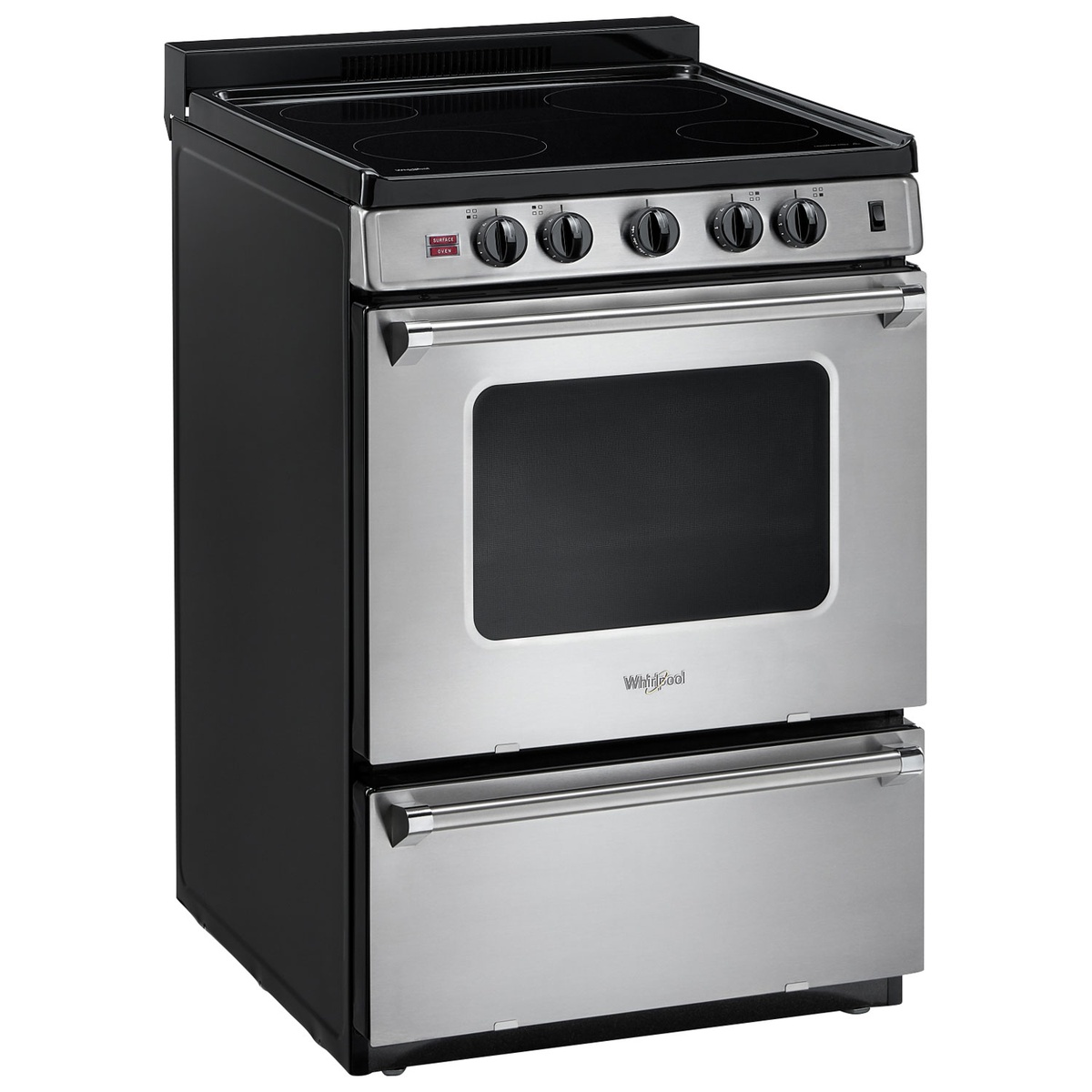 Angled view highlighting front control knobs and stainless steel storage drawer on the Whirlpool range
