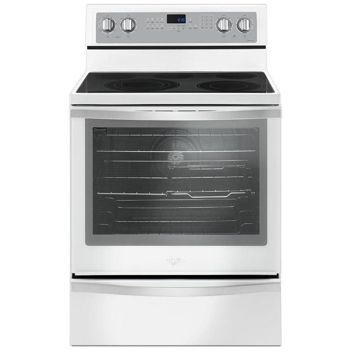 White freestanding electric range with smooth glass cooktop and back control panel
