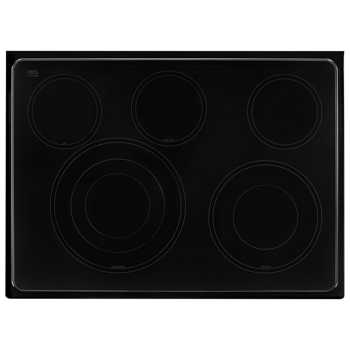 Top-down view of the ceramic glass cooktop with five radiant elements, including dual and triple rings.