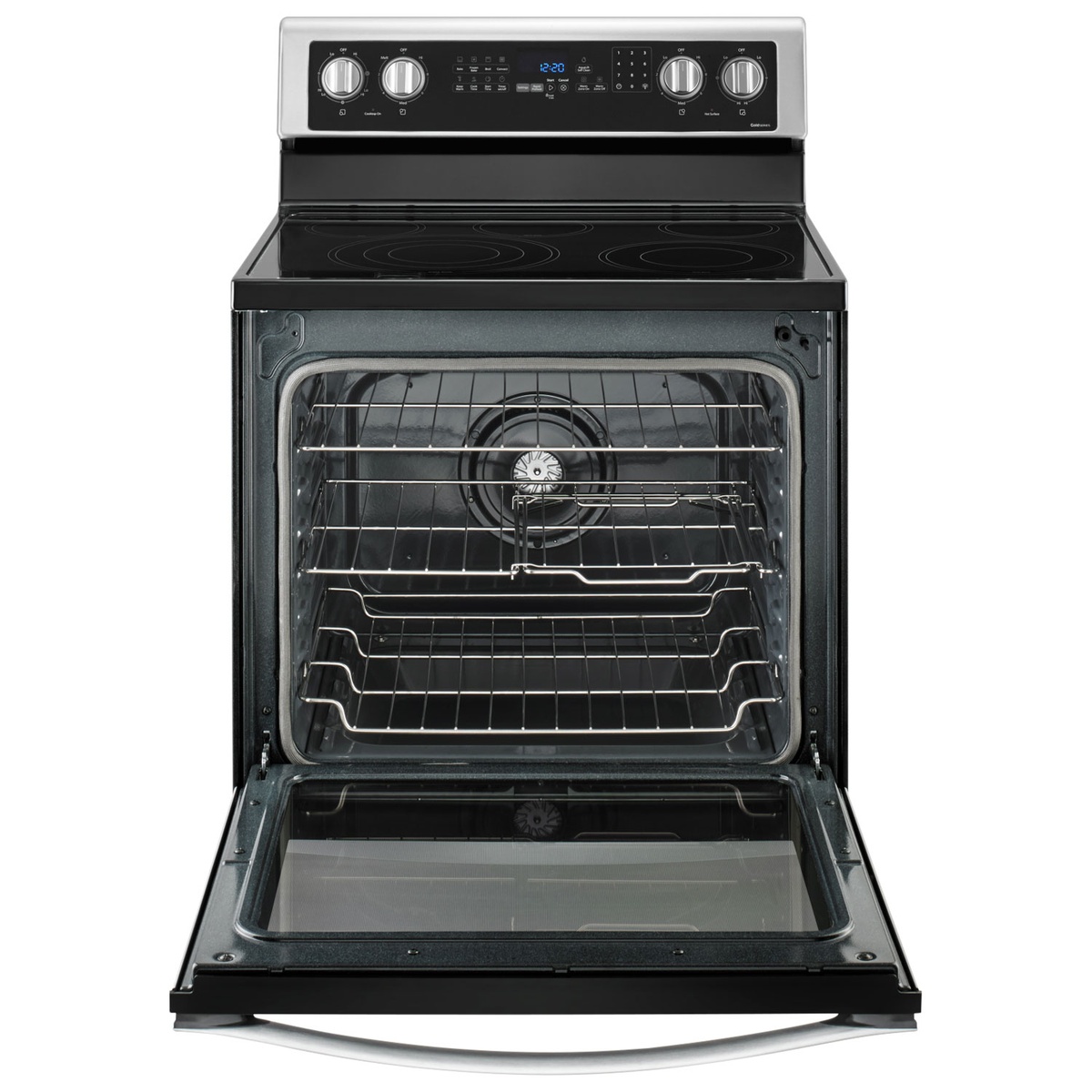 Oven cavity open showing three racks and a rear convection fan.