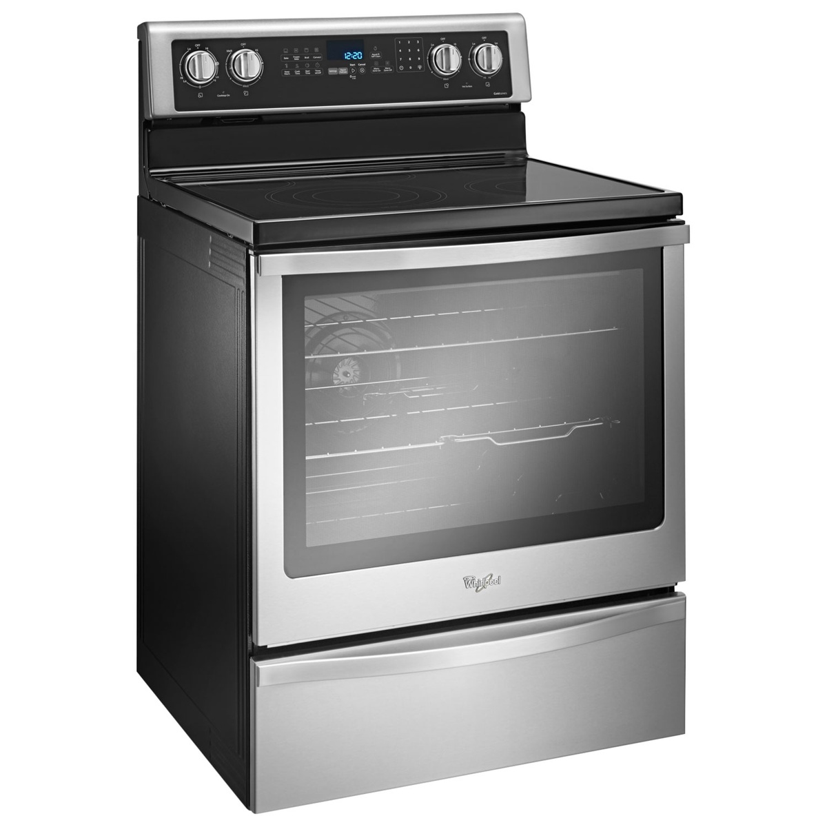 Stainless Whirlpool freestanding electric range shown at a front-left angle with smooth-top surface and control panel.