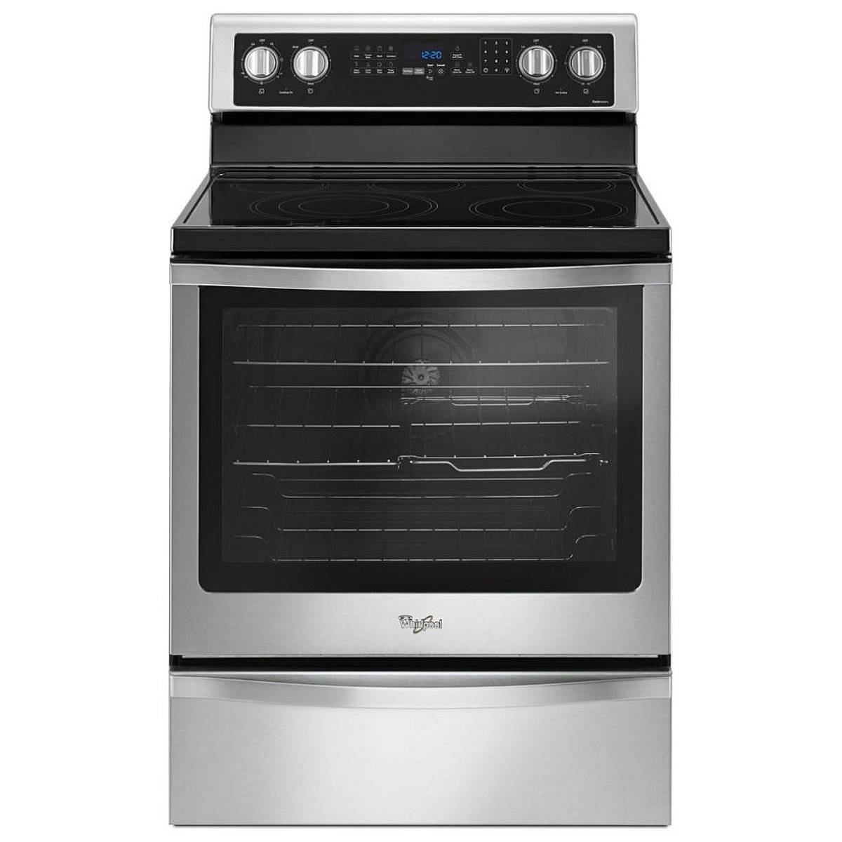 Front view of Whirlpool freestanding electric range in stainless steel with large oven window and storage drawer
