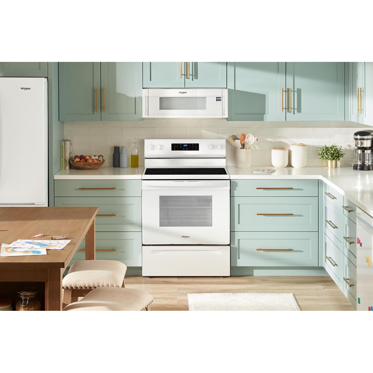 White Whirlpool range styled in a modern kitchen setting