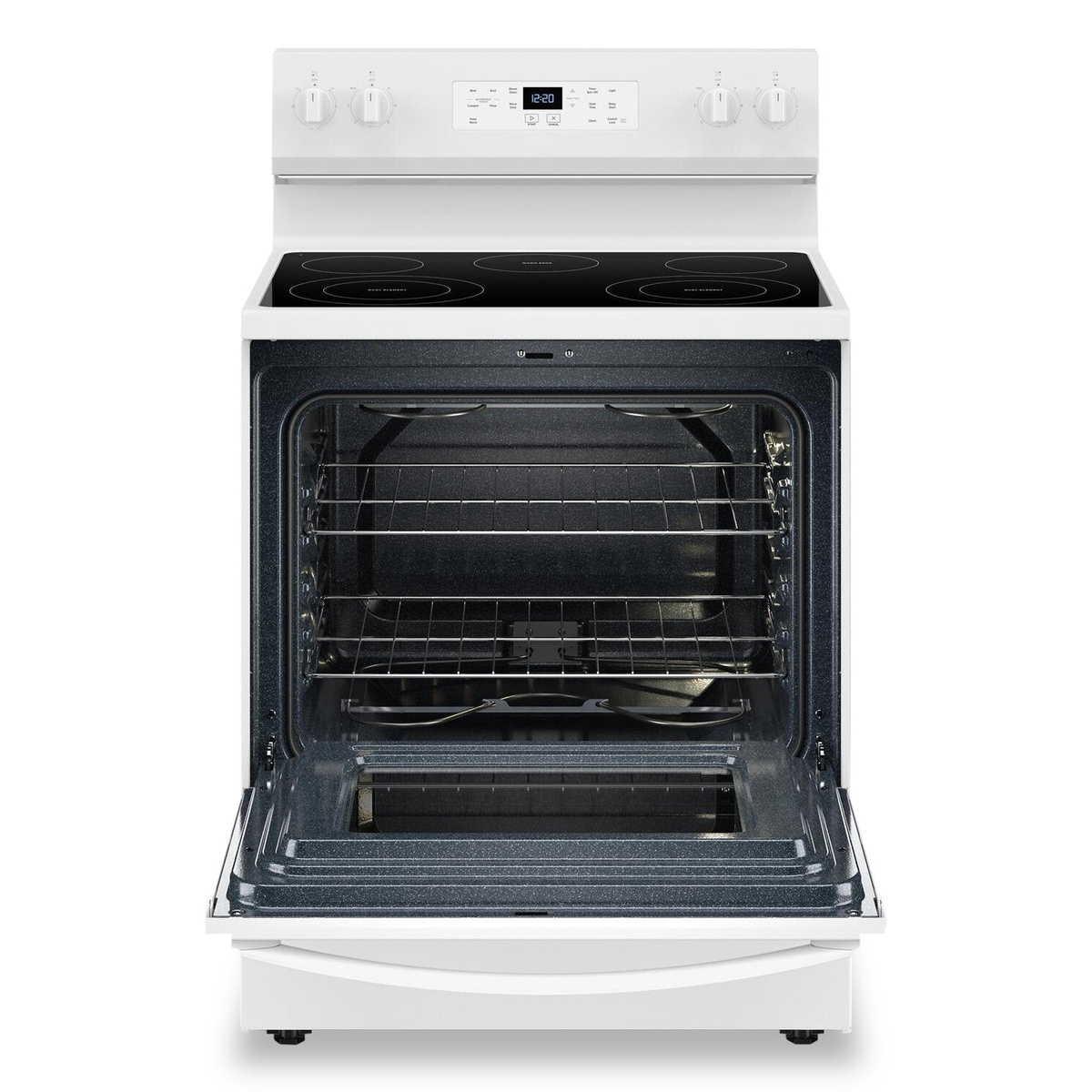 Open oven cavity with two racks and large viewing window