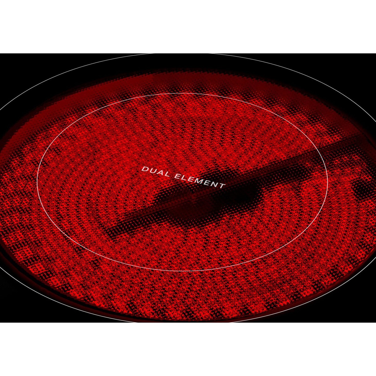 Close-up of dual-size radiant cooktop element glowing red.