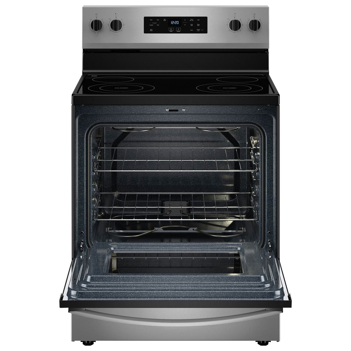 Open Whirlpool oven showing spacious 5.3 cu. ft. cavity with two racks.