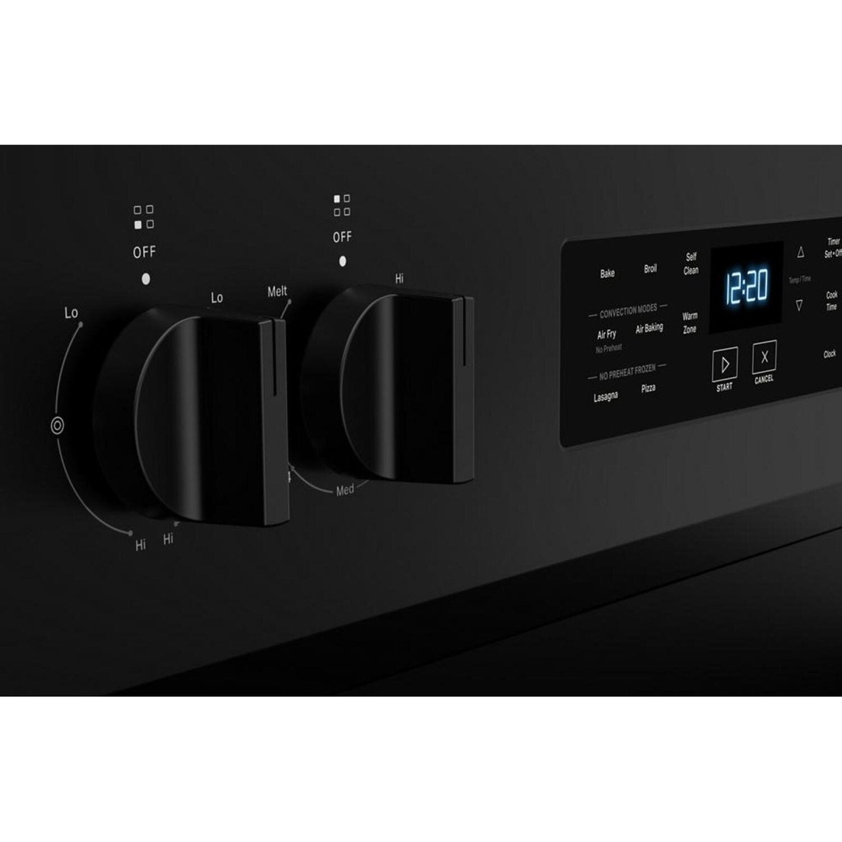 Close-up of control knobs and electronic touch display with cooking modes