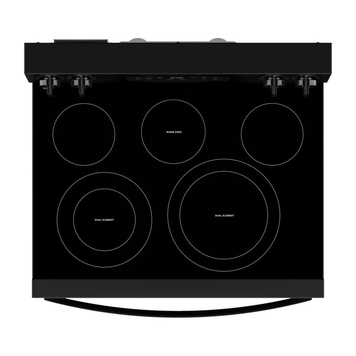 Top view of smooth ceramic cooktop with two dual elements and center warm zone