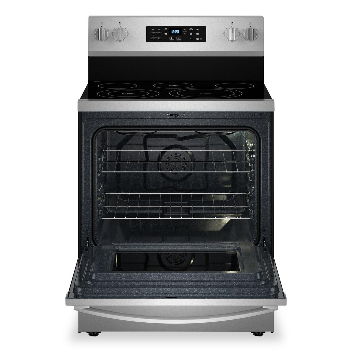 Open oven cavity with two racks and convection fan at back