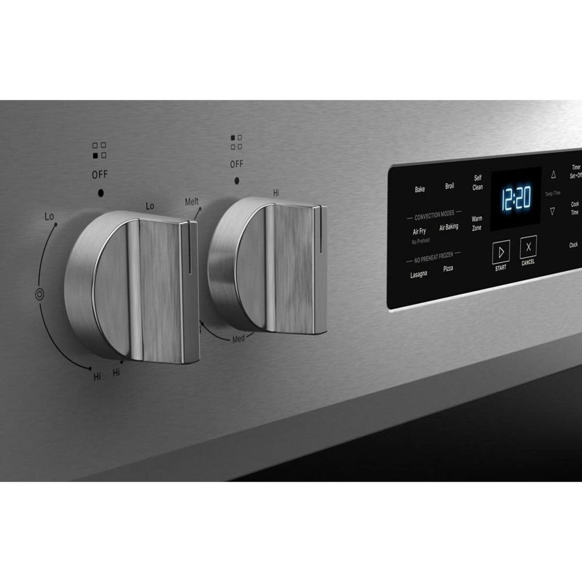 Close-up of control knobs and electronic touch control panel