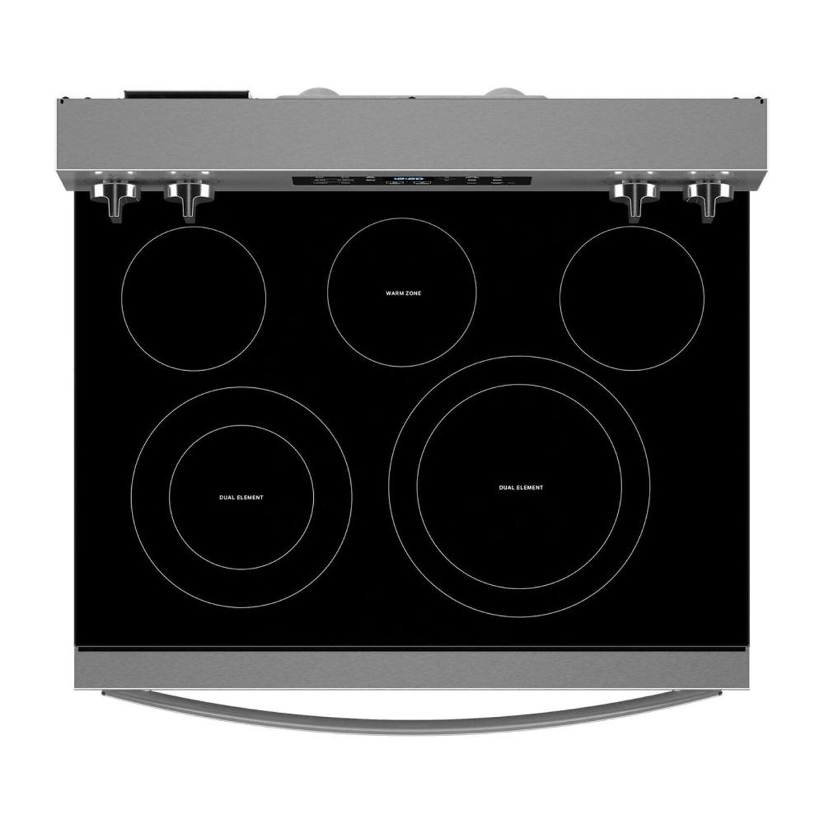 Top view of smooth cooktop showing dual elements and warm zone