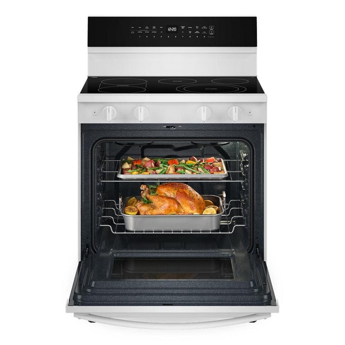 Oven cavity loaded with a turkey and sheet pan on two racks showing large capacity