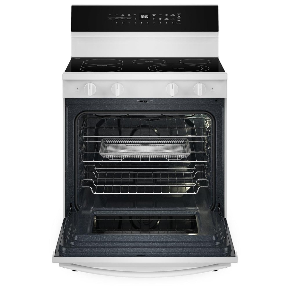 Open Whirlpool range showing spacious oven with racks and an air fry basket inside.