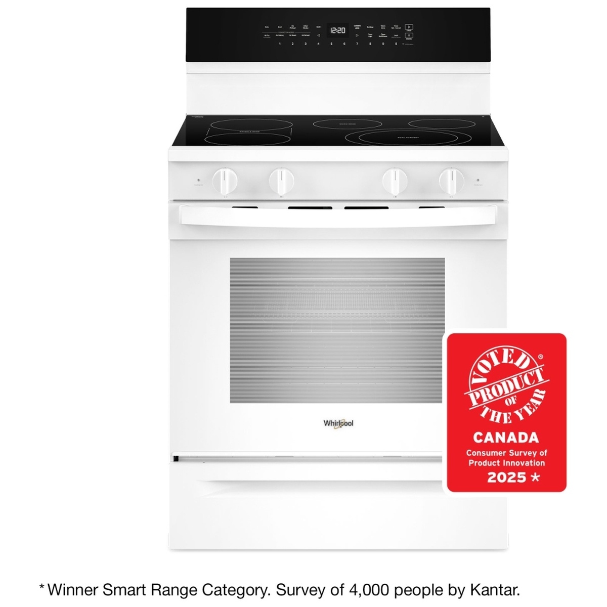 Front view of the white Whirlpool electric range with backguard touch controls and front knobs.