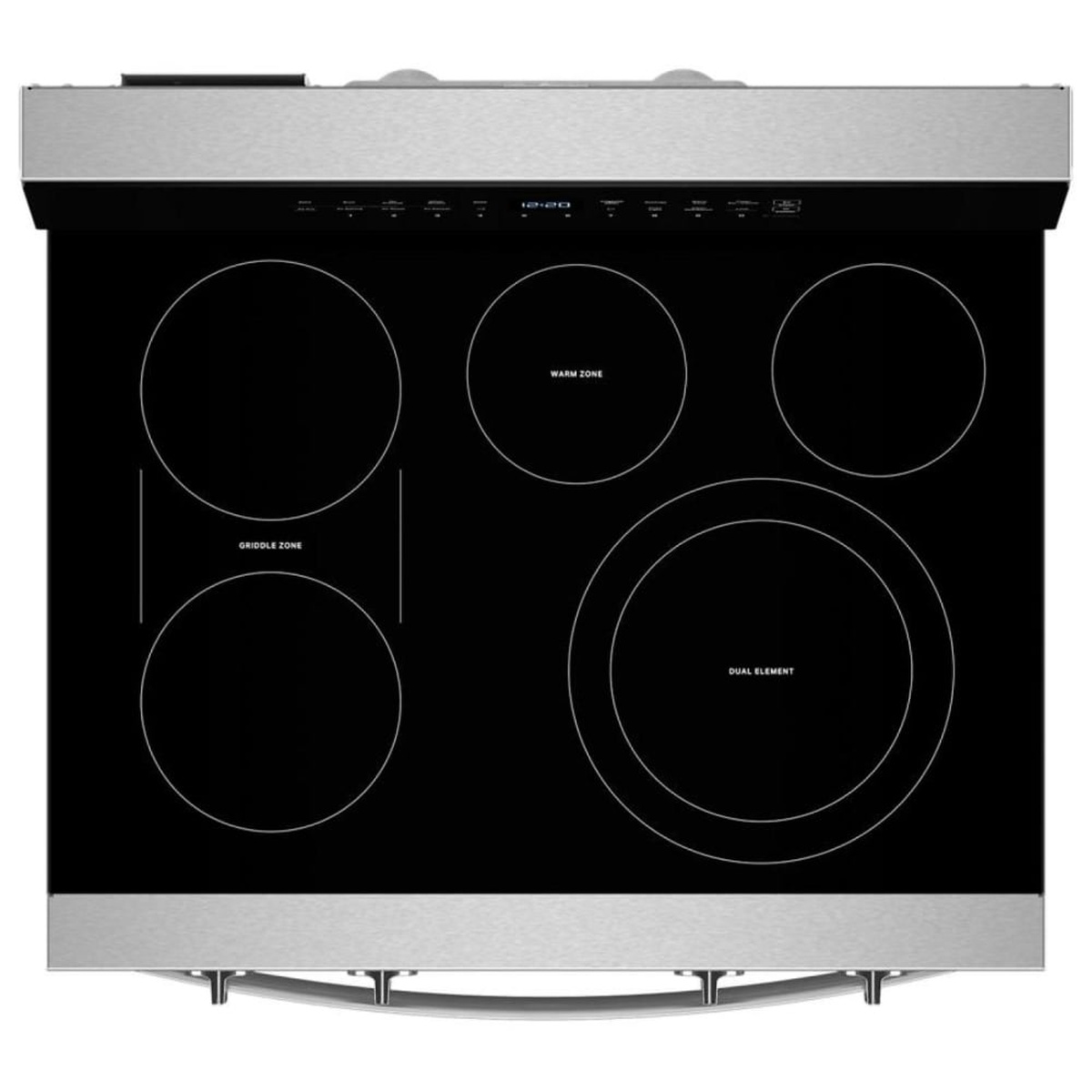 Top view of smooth glass cooktop showing griddle zone, warm zone, and dual element circles