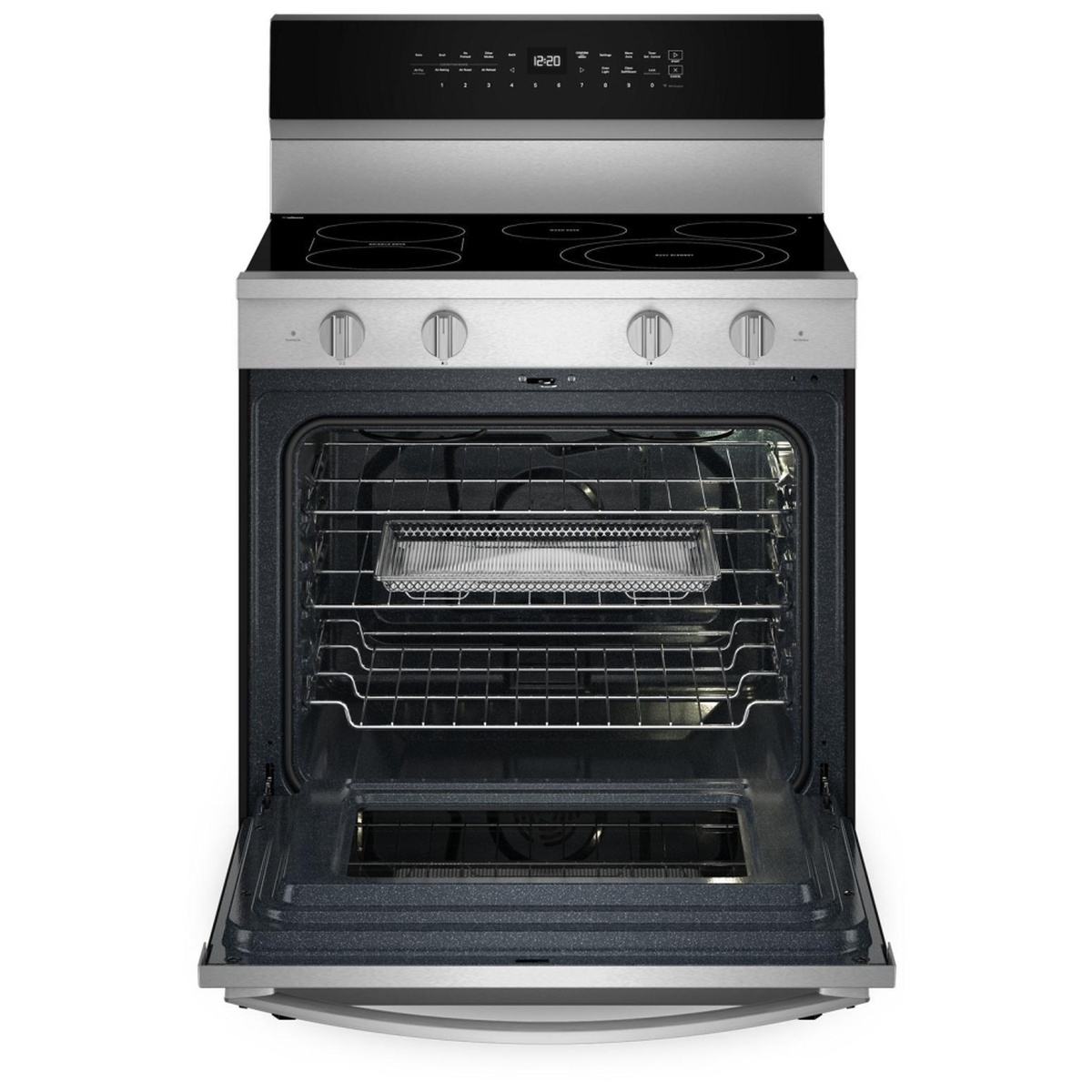 Open oven cavity showing racks and an air fry basket inside a Whirlpool range