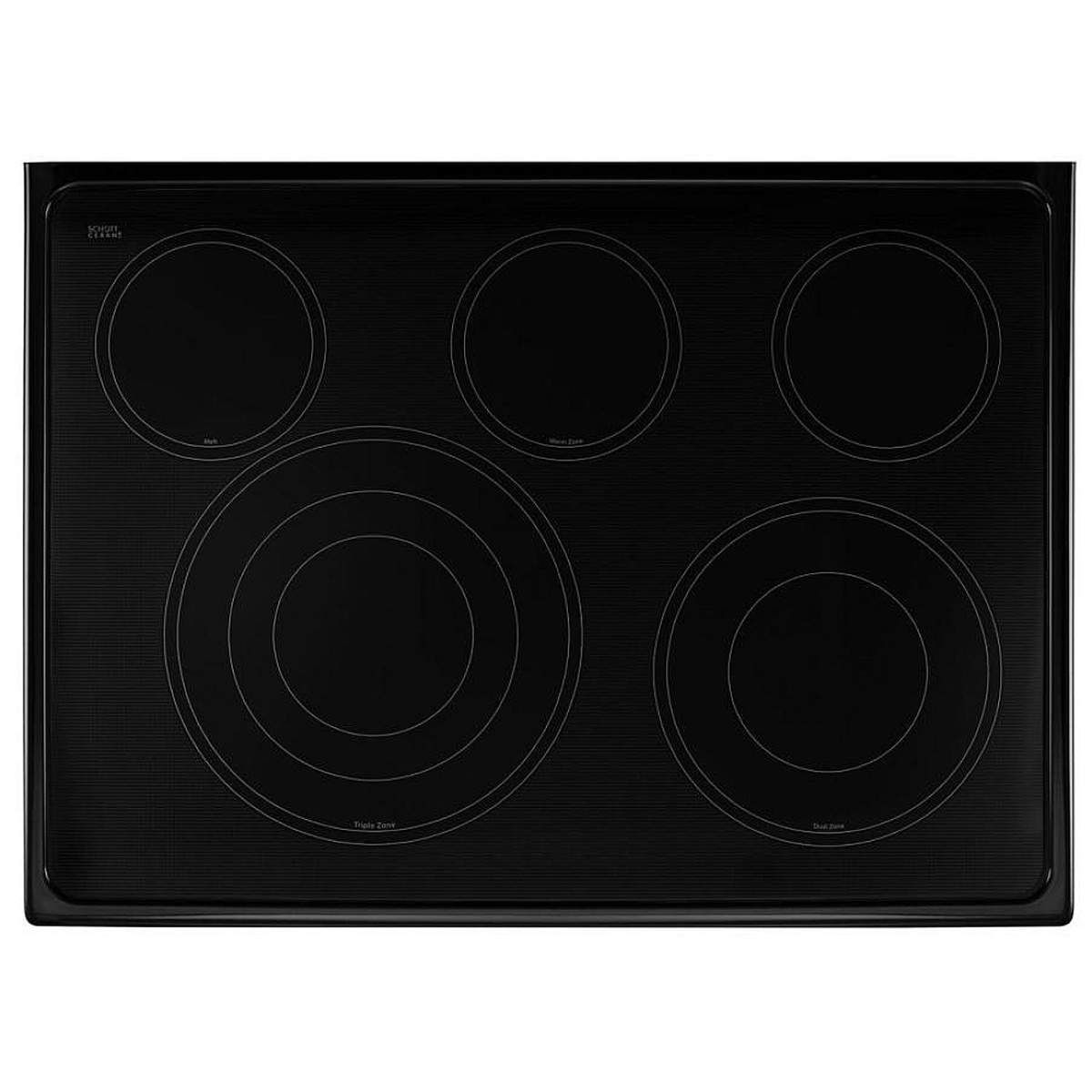 Top-down view of the smooth ceramic glass cooktop with five radiant elements and multi-size rings.