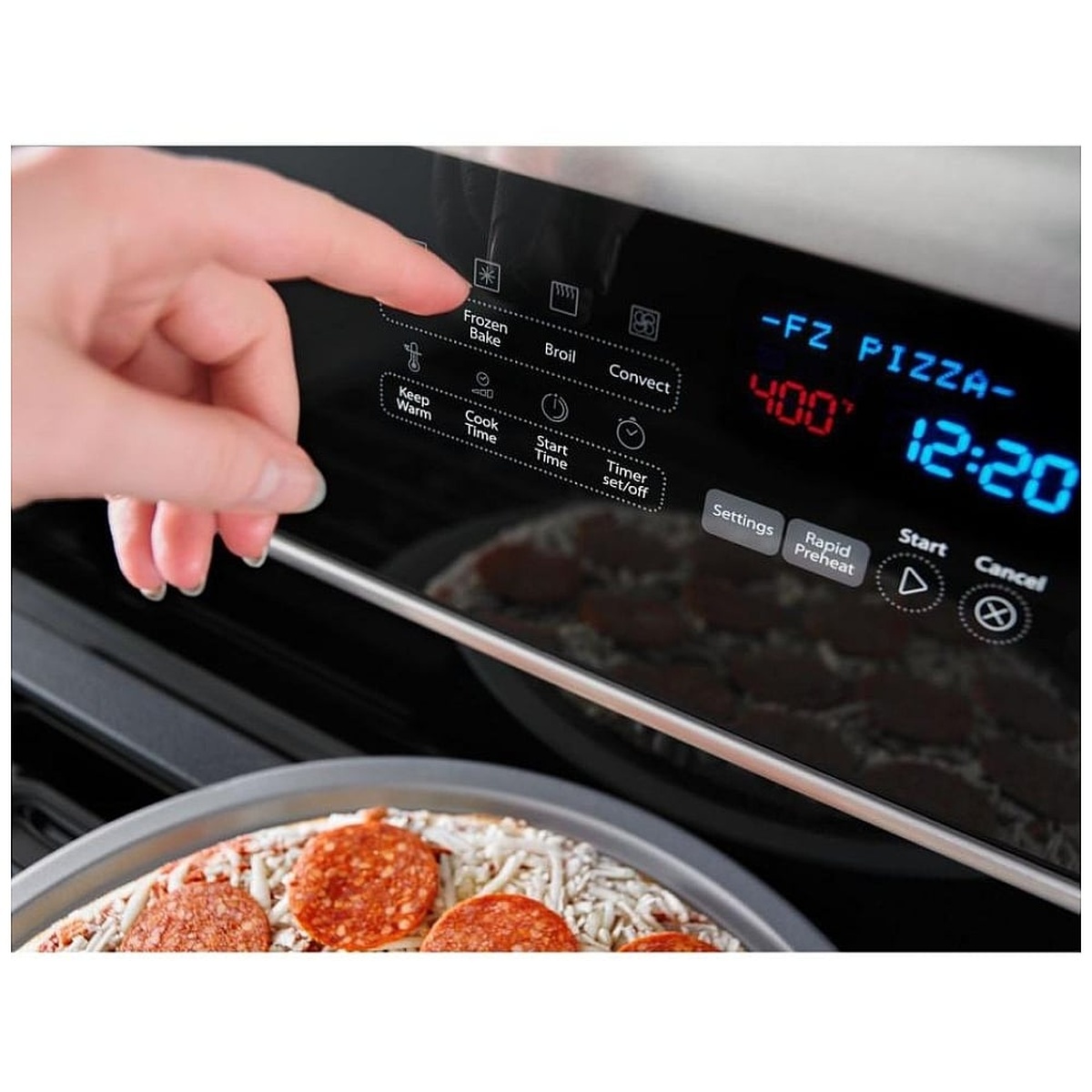 Close-up of the ranges digital control panel showing Frozen Bake and timer options.