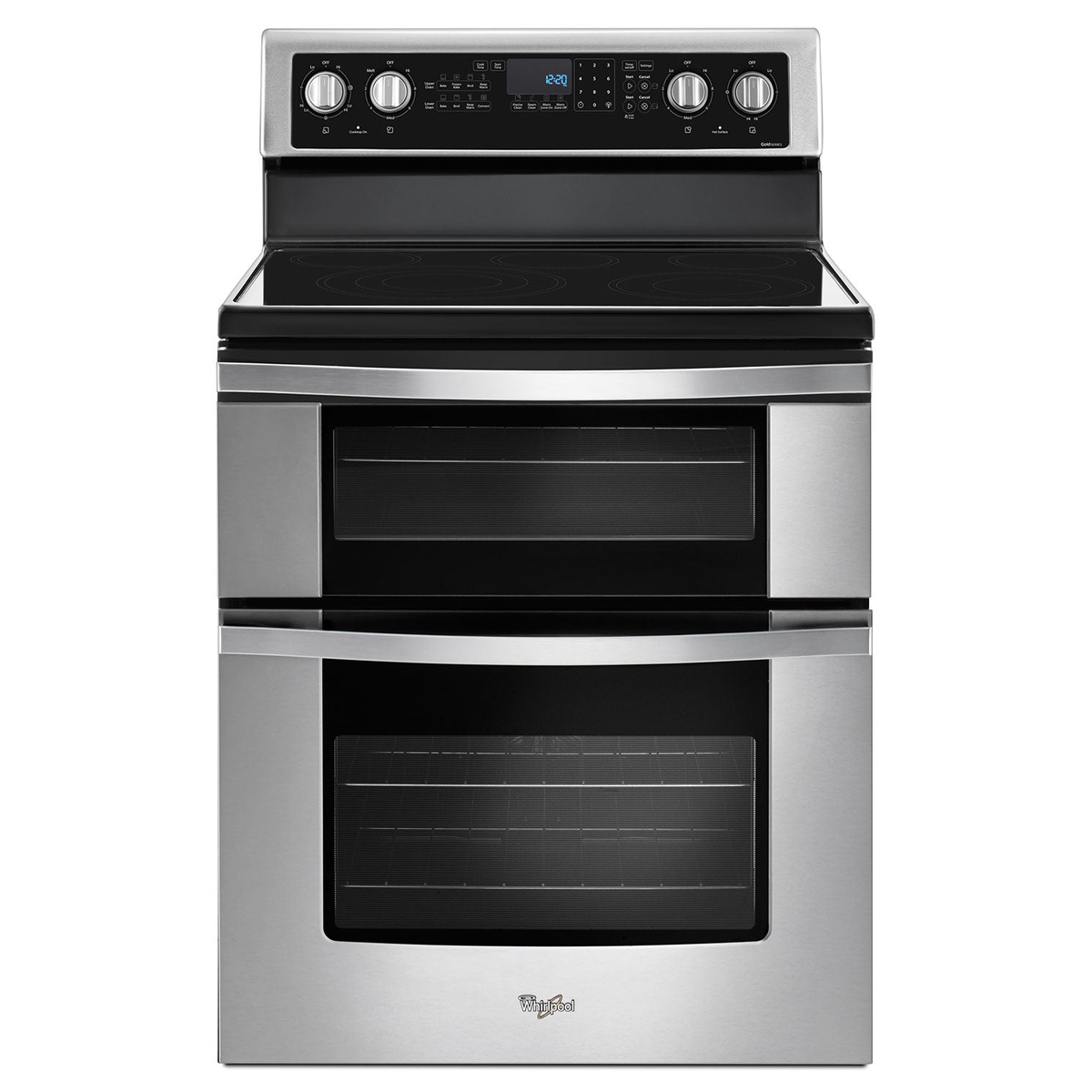 Front view of Whirlpool stainless steel electric double oven range