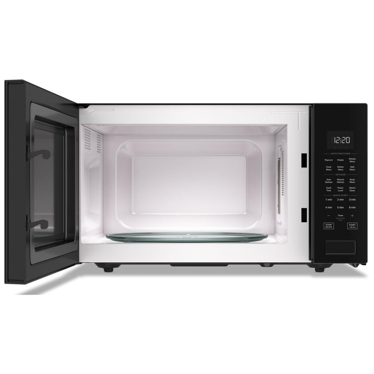 Microwave interior with glass turntable and door open
