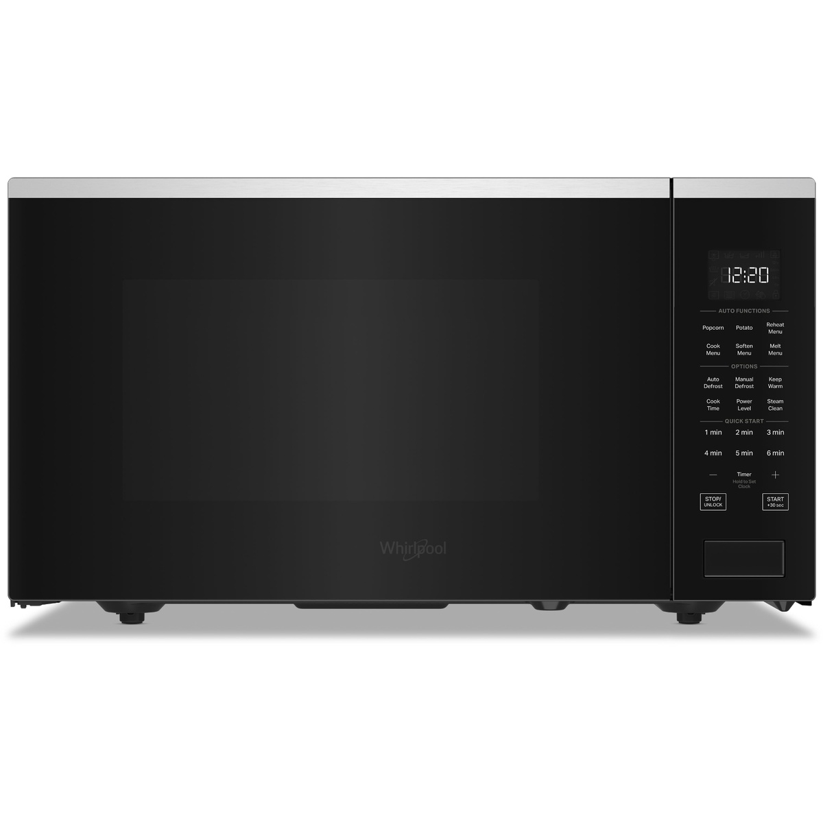 Front view of a Whirlpool countertop microwave with right-side touch controls