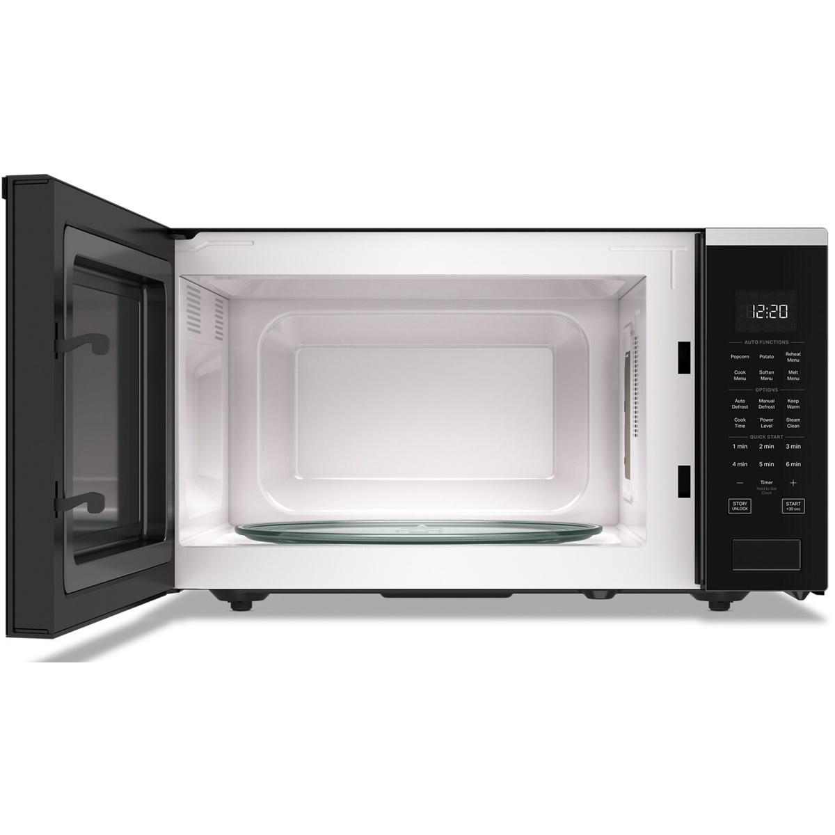 Microwave with door open showing a light interior and glass turntable