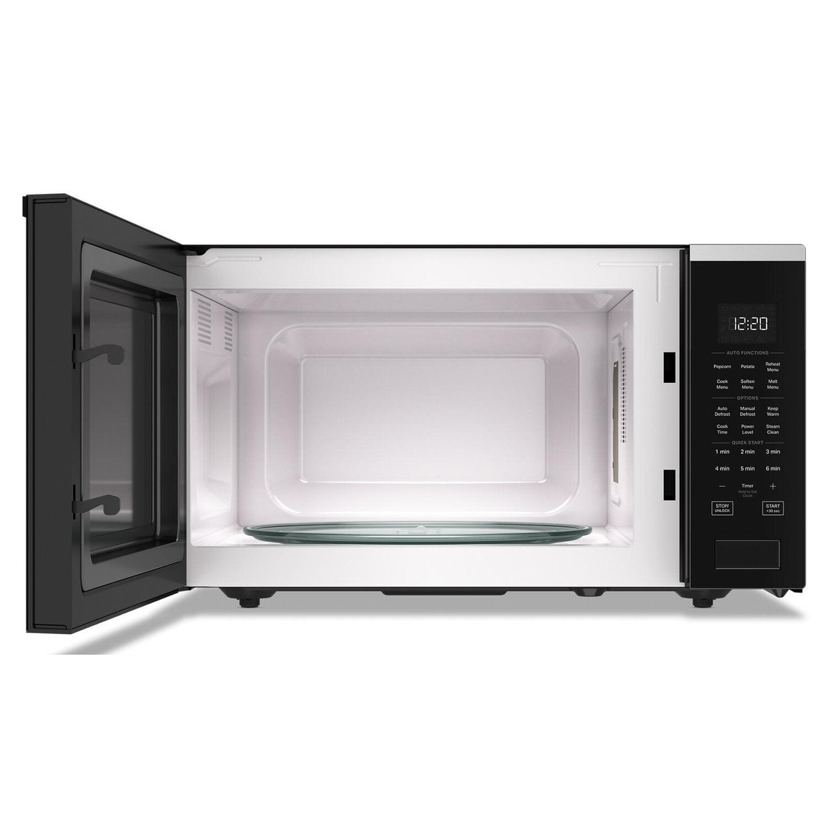 Spacious interior of Whirlpool countertop microwave with glass turntable