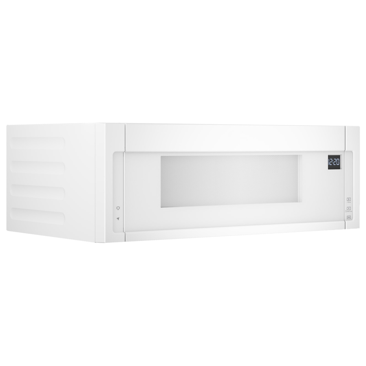 Side angle view of Whirlpool low profile over-the-range microwave in white showing slim design under cabinets
