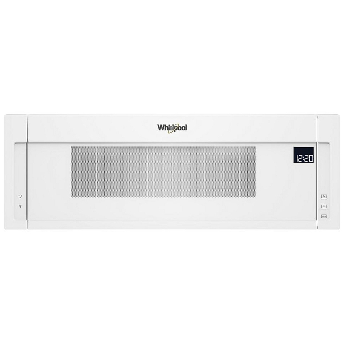 Front view of Whirlpool low-profile over-the-range microwave in white with right-side digital display