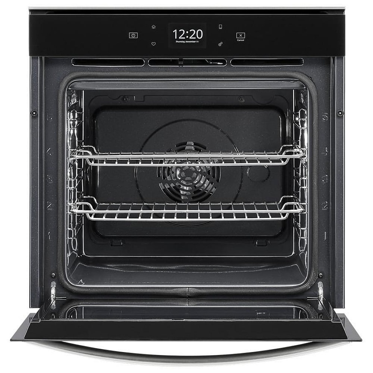 Interior of Whirlpool wall oven showing convection fan and two racks