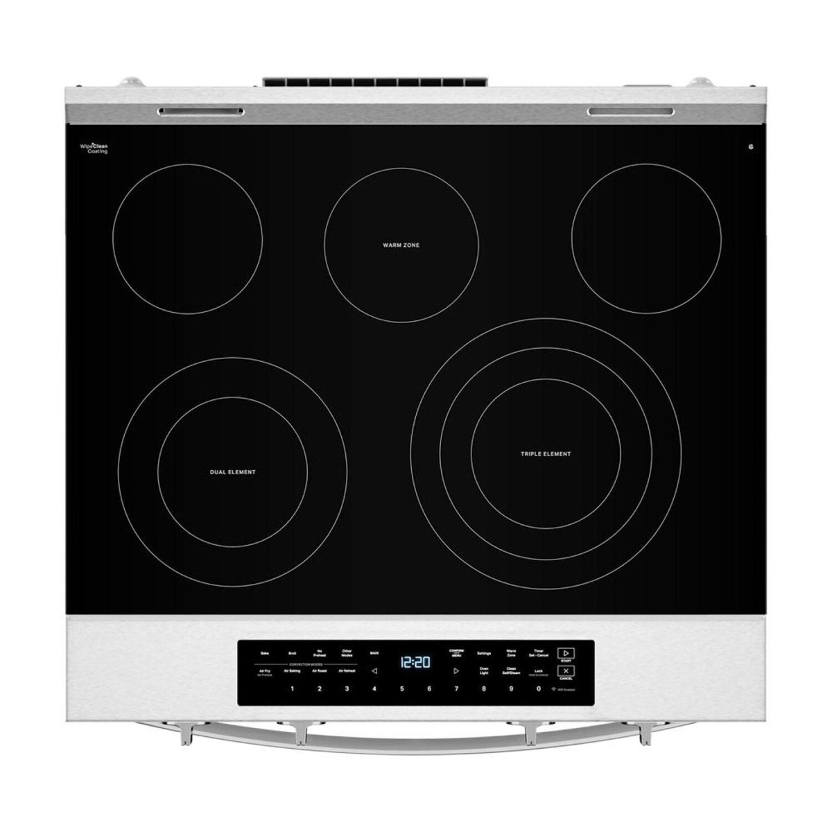 Glass cooktop layout with labeled Warm Zone, Dual and Triple radiant elements and front controls.