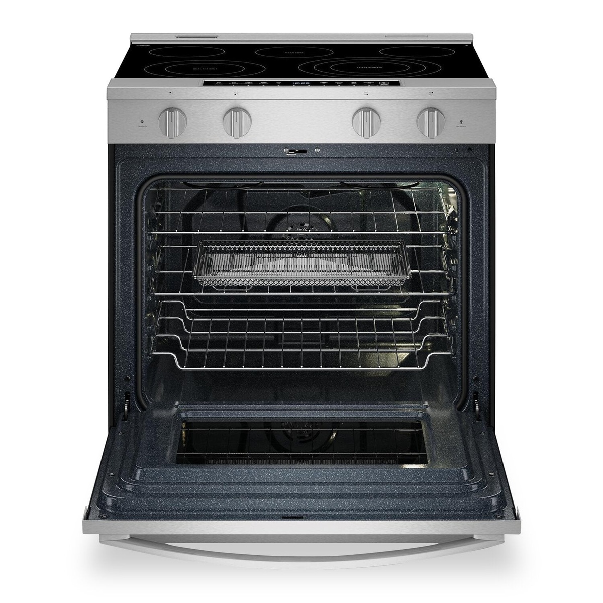 Open oven cavity showing multiple racks and air fry basket inside the Whirlpool slide-in range.
