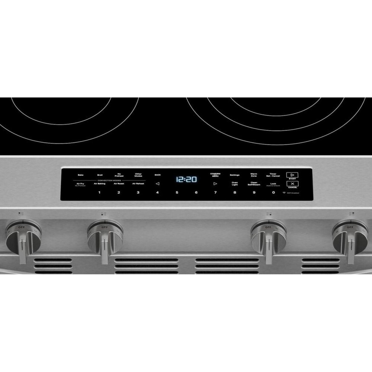 Front control panel with touch screen and knob controls on the Whirlpool range.