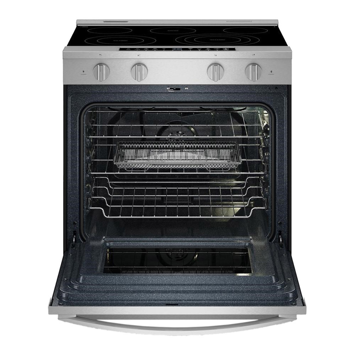 Open oven showing racks and an air fry basket positioned in the center