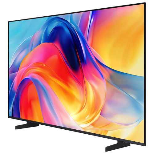 Angled front view of the Samsung M70H 65-inch TV showing a colourful display on slim feet