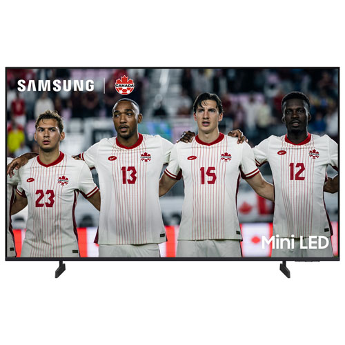 Samsung TV displaying a soccer match with Mini LED branding on screen