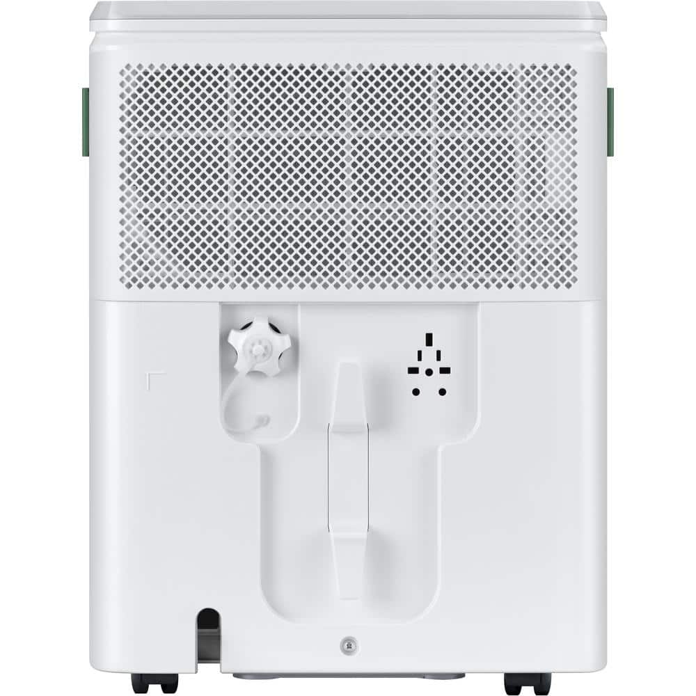 Rear view of the Frigidaire dehumidifier showing the back grille, drain connection, and carry handle