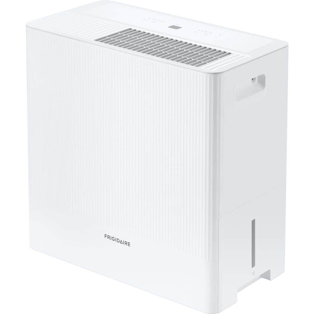 Angled side view of the white Frigidaire dehumidifier showing the slim cabinet, side handle opening, and water level window.