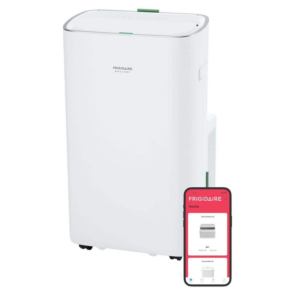 White Frigidaire Gallery portable air conditioner shown with a smartphone displaying the Frigidaire app