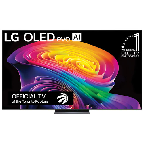 Front view of the LG OLED evo AI television displaying bright multicolour abstract artwork