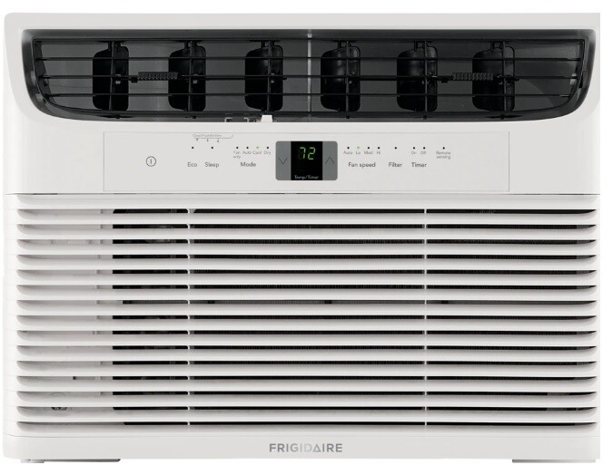 Front view of the Frigidaire window air conditioner showing the top air outlet and electronic control panel display