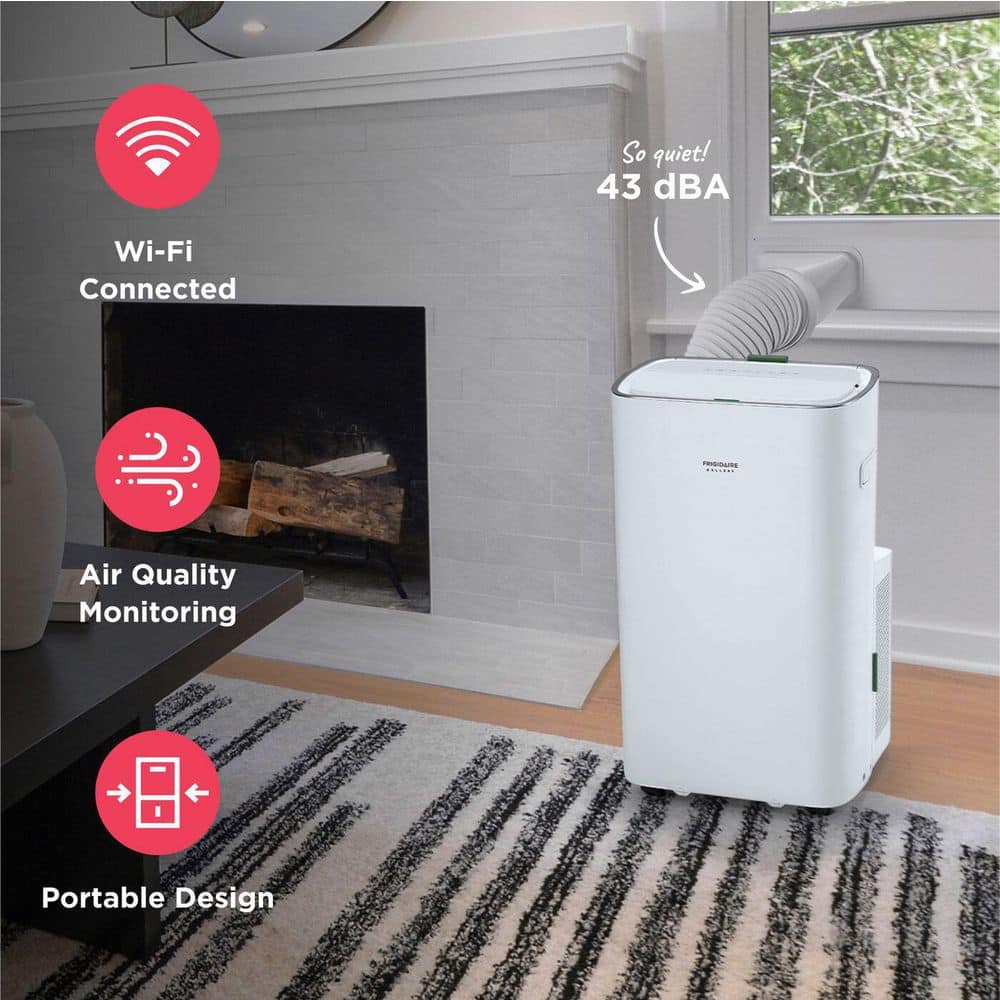 Portable air conditioner in a living room with exhaust hose installed in a window and icons showing WiFi connected, air quality monitoring, portable design, and 43 dBA sound level