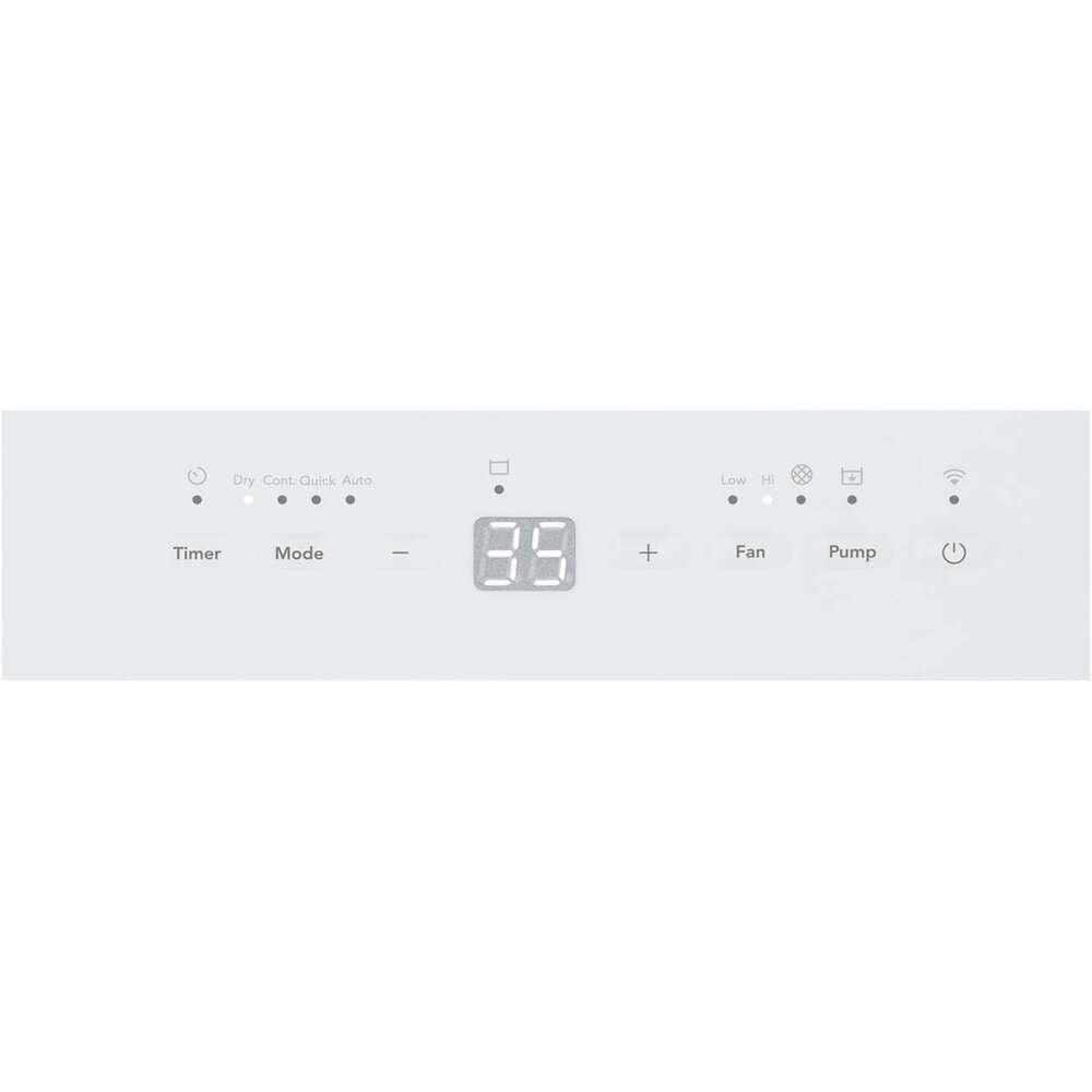 Top view of the Frigidaire dehumidifier showing the air outlet grille and electronic control panel with timer, mode, fan, pump, and Wi-Fi indicators.