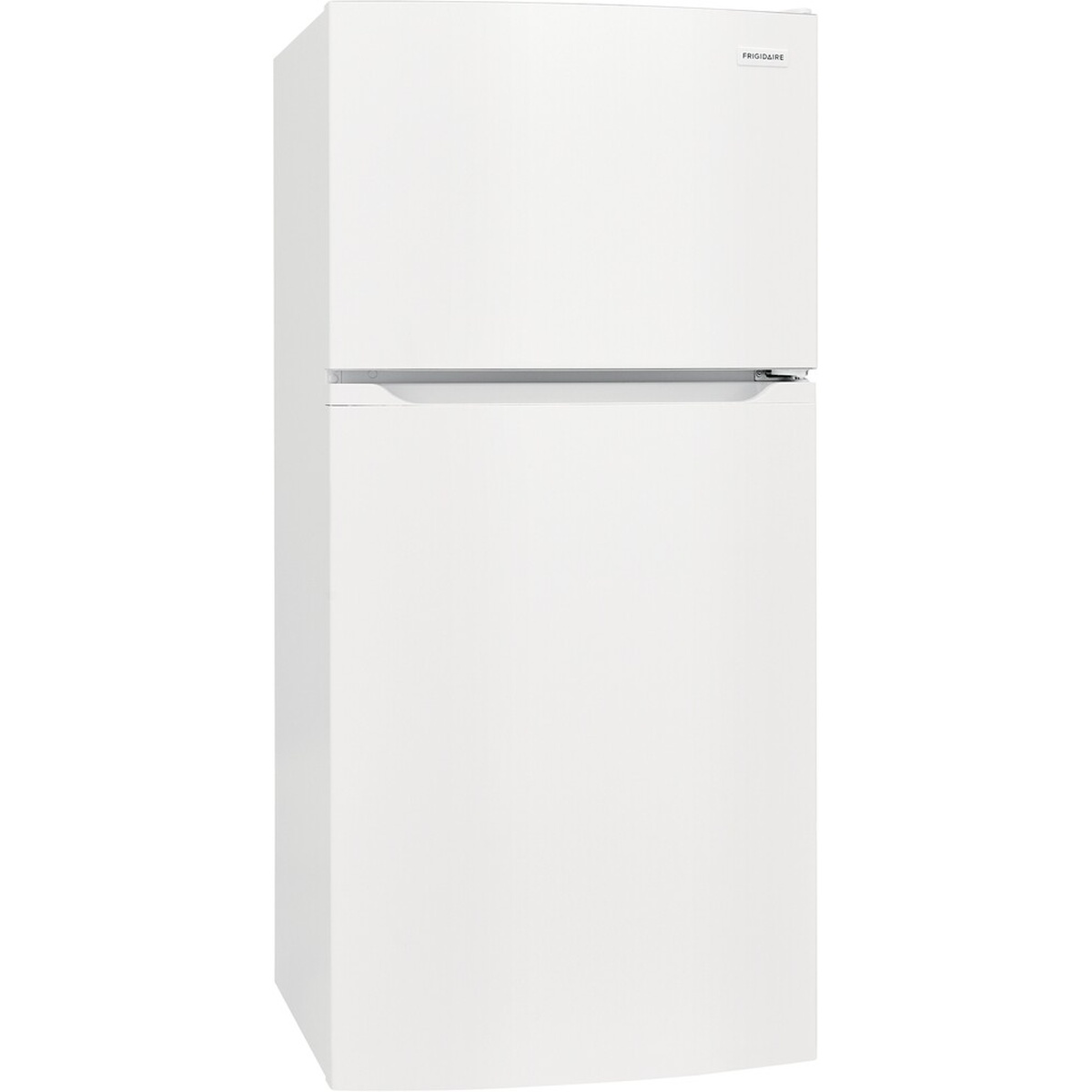 Angled front view of a white Frigidaire two-door top-freezer refrigerator