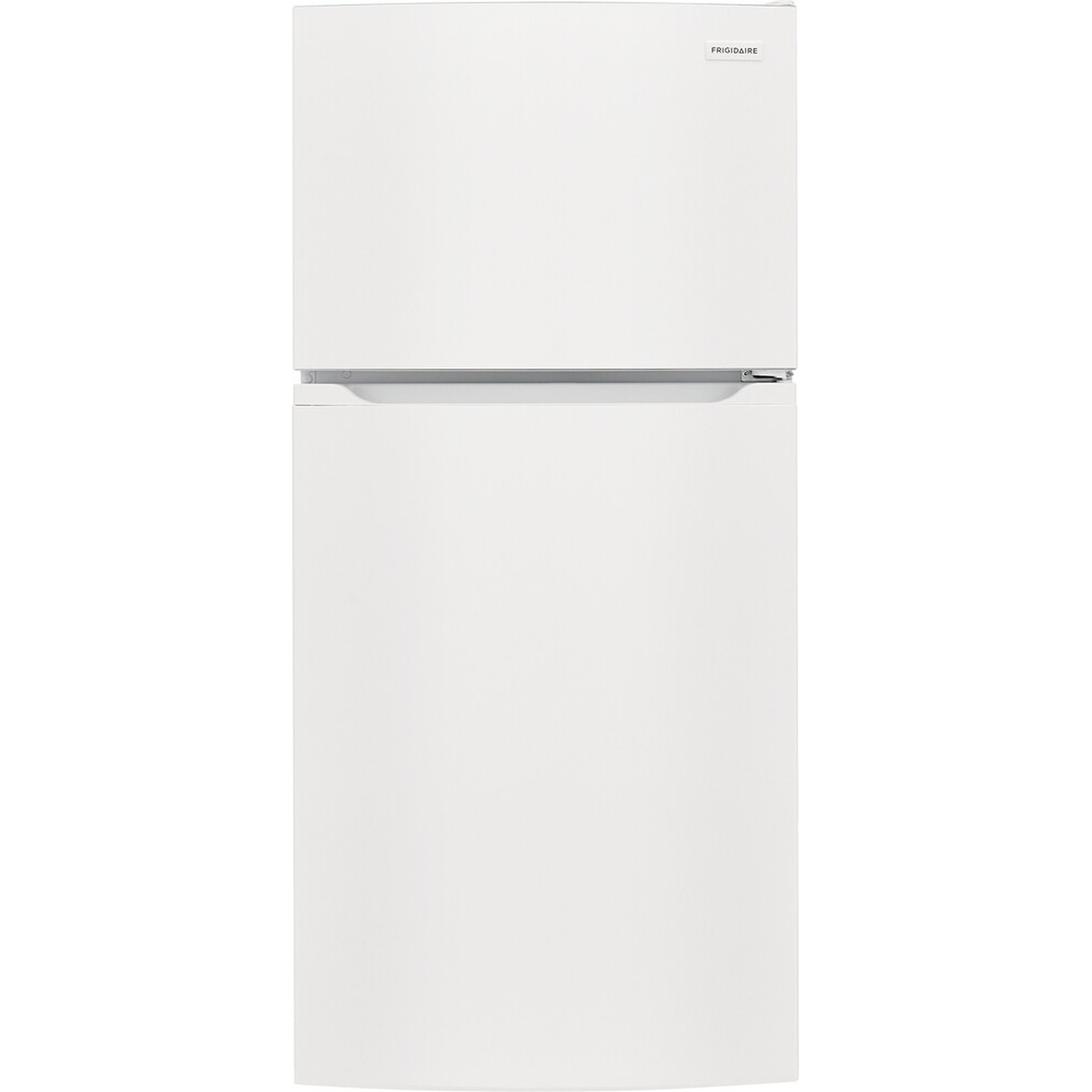 Front view of a white Frigidaire top-freezer refrigerator