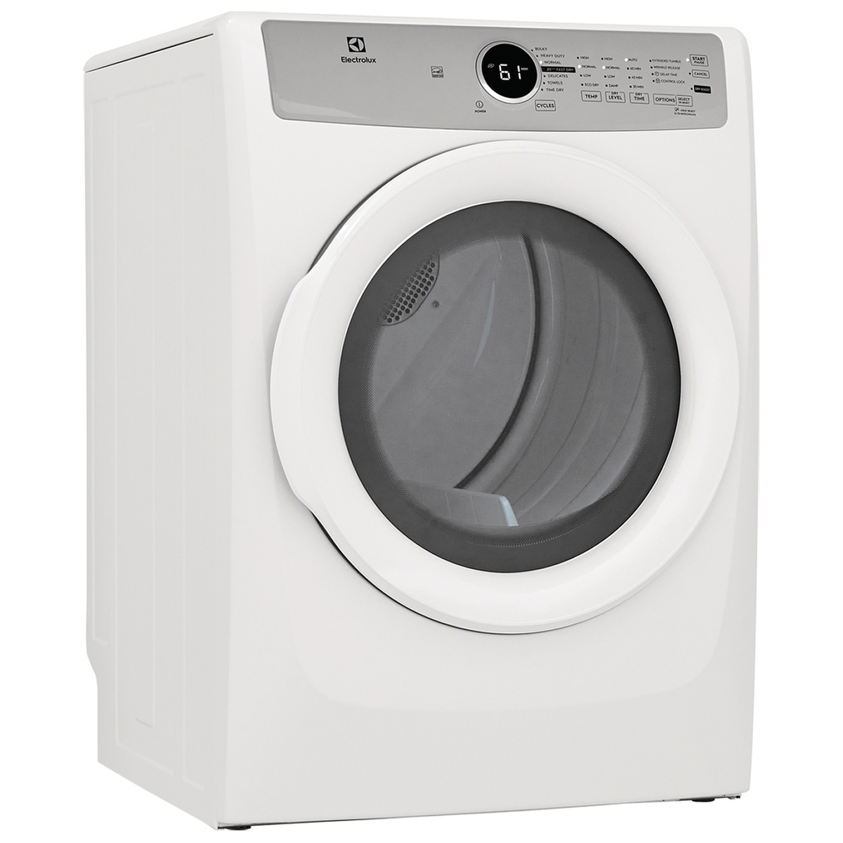 Angled front view of the white Electrolux front-load dryer with large round door and top control panel